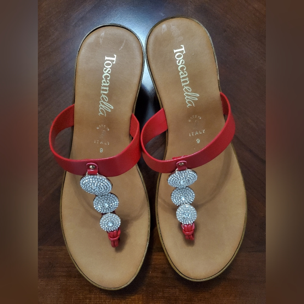 Toscanella Red Rhinestone Wedge Thong Sandals‎ Made in Italy Womens Size 9 Dylan
